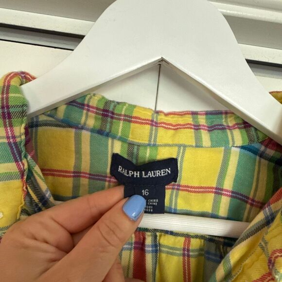 Ralph Lauren yellow plaid ruffle neck button down girls 16 - Picture 3 of 8